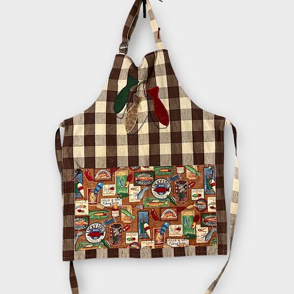 Vintage Handmade Fishing Tackle Apron Brown Gingham Check Retro Pocket Grilling - Picture 1 of 8